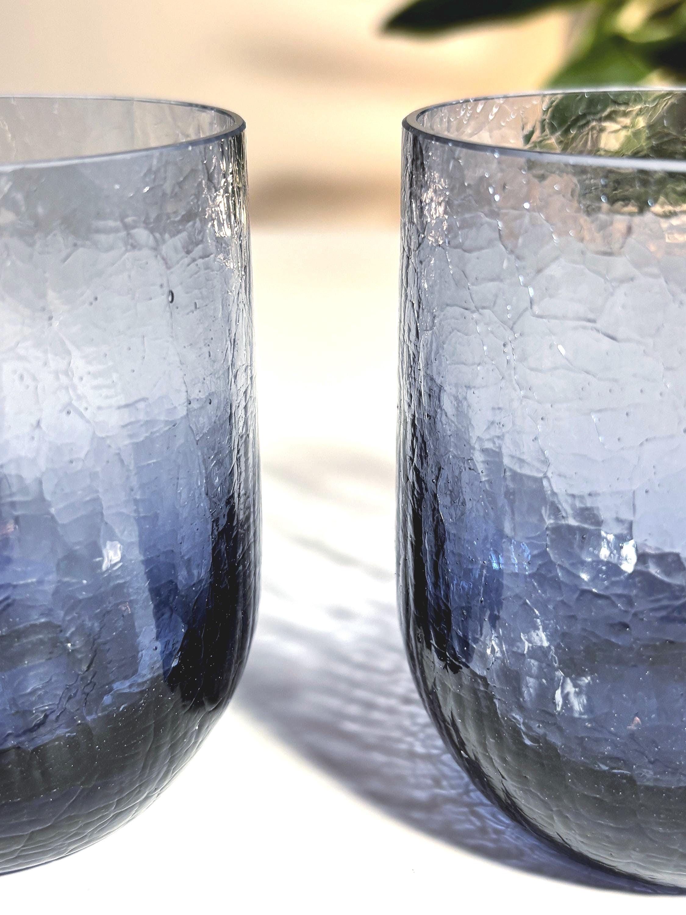 Vintage Scandinavian Crackle Glass Votive Holders | Amethyst Blue Ombre Nordic Art Glass Pair