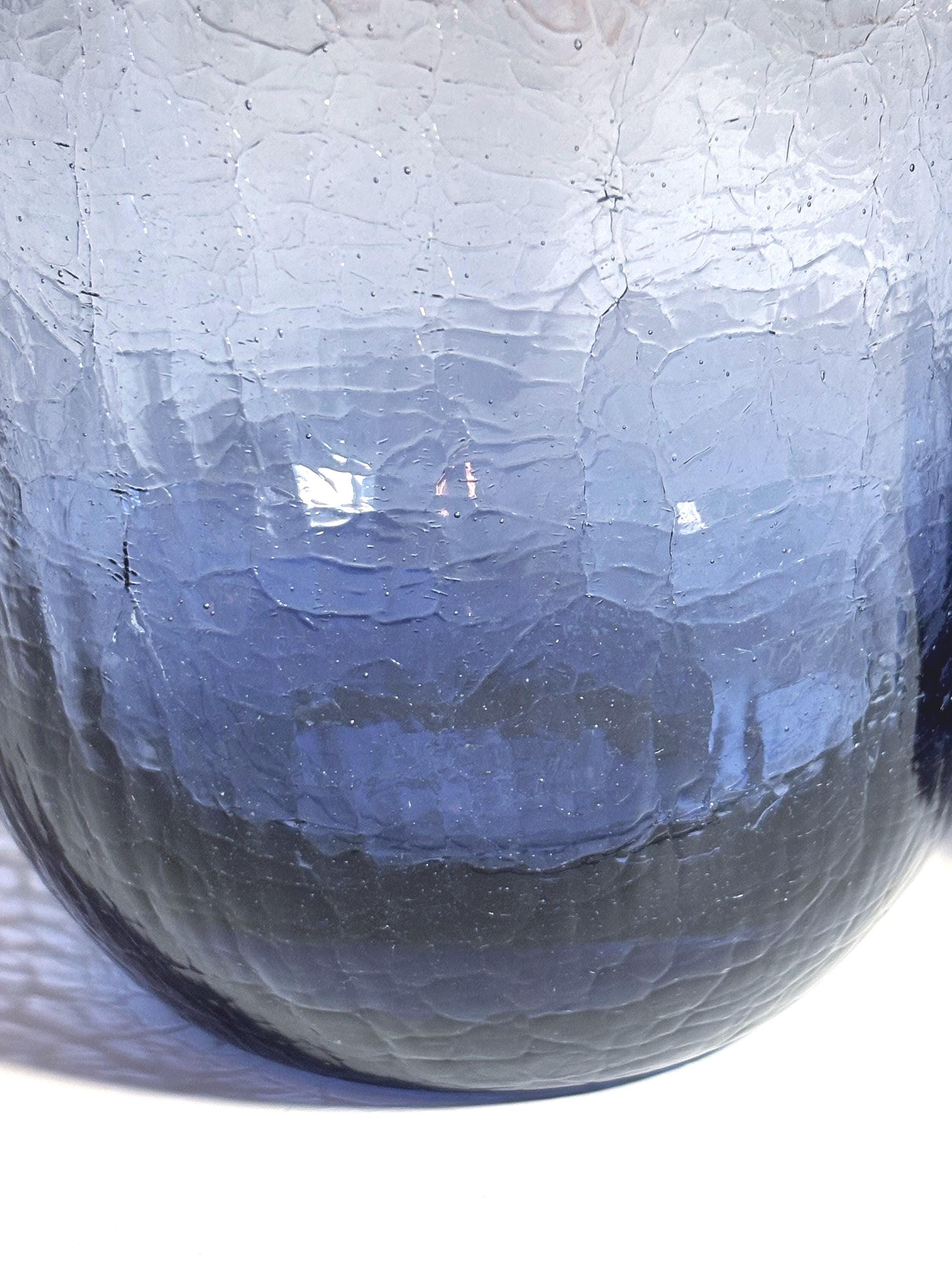 Vintage Scandinavian Crackle Glass Votive Holders | Amethyst Blue Ombre Nordic Art Glass Pair