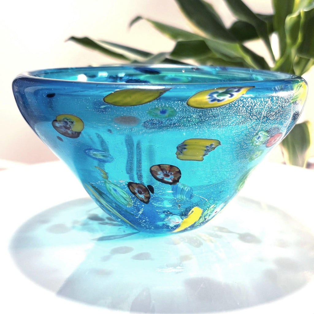 Murano Millefiori Art Glass Bowl | Silver Aventurine Hand-Blown Venetian Centerpiece 6.1