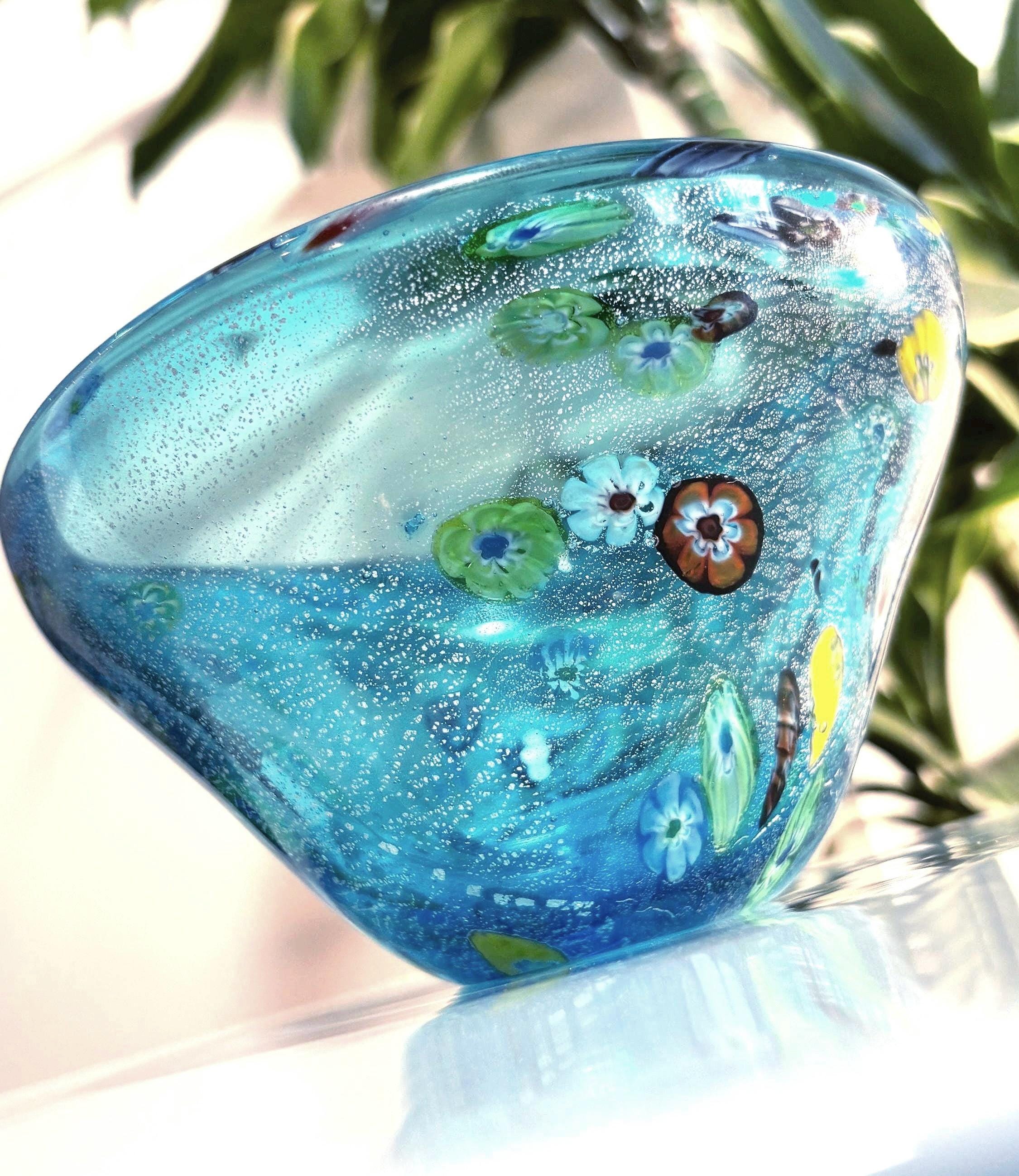 Murano Millefiori Art Glass Bowl | Silver Aventurine Hand-Blown Venetian Centerpiece 6.1