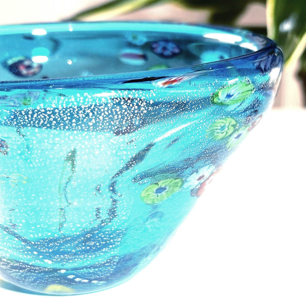 Murano Millefiori Art Glass Bowl | Silver Aventurine Hand-Blown Venetian Centerpiece 6.1