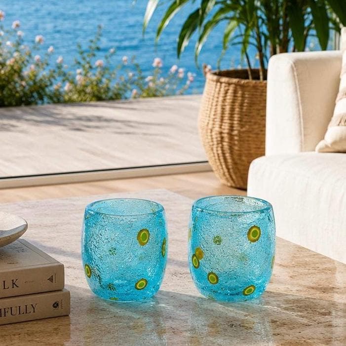 Millefiori-style, Henriques Turquoise Art Glass Tumblers | Mouth-Blown Art