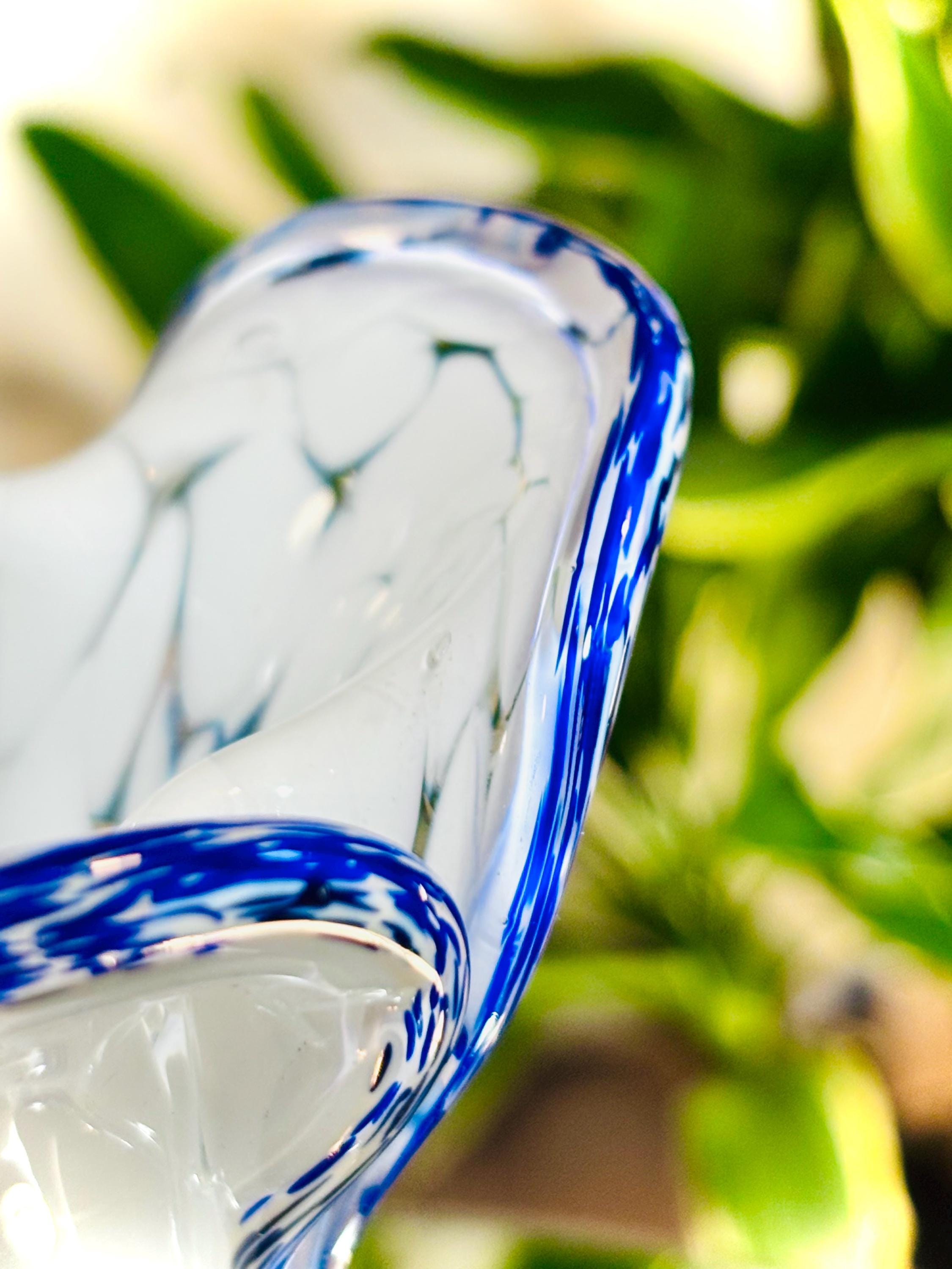 Murano Lattimo Art Glass Vase | Hand-Blown White Opaline Cobalt Blue Ruffle Rim