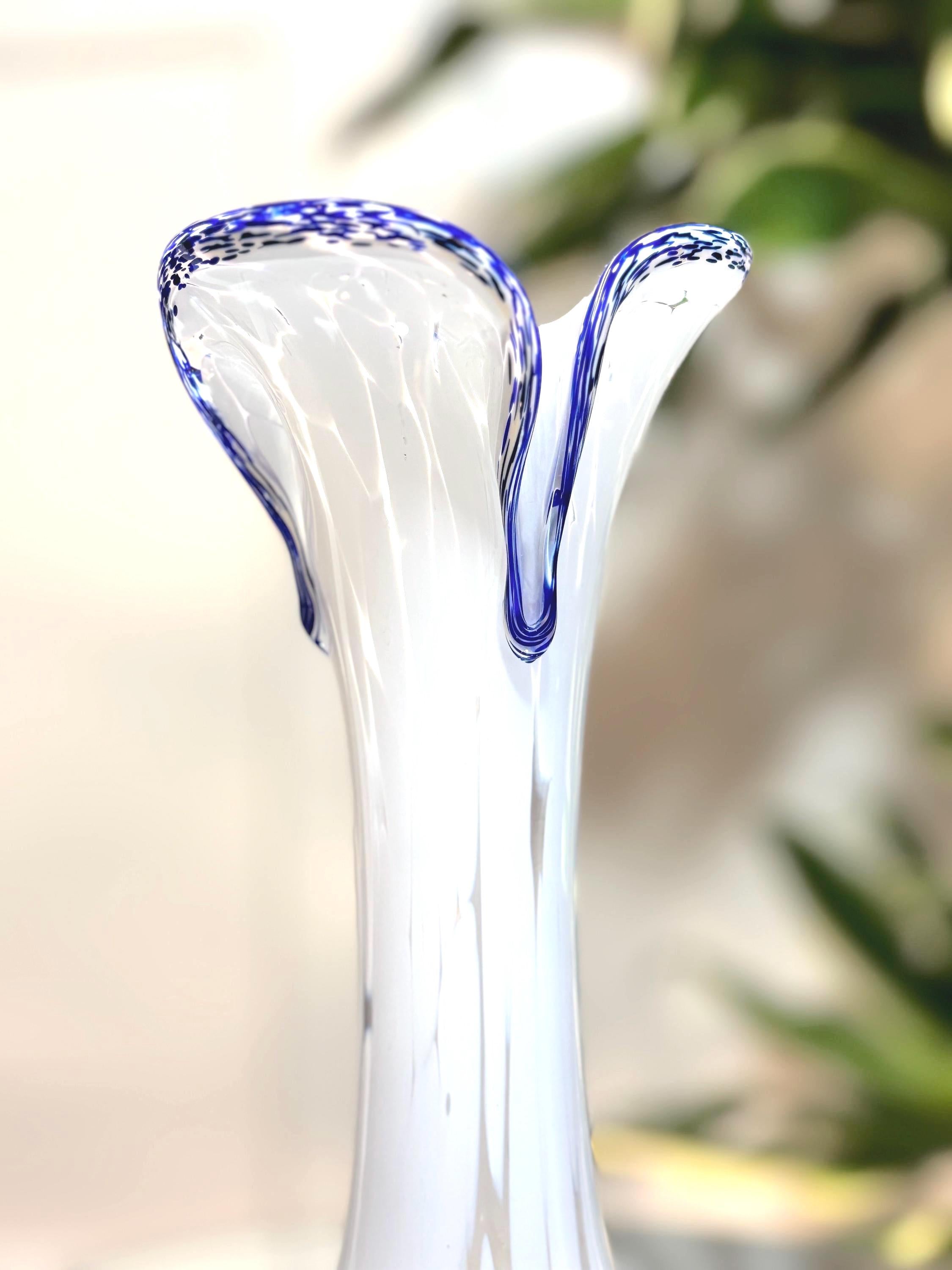 Murano Lattimo Art Glass Vase | Hand-Blown White Opaline Cobalt Blue Ruffle Rim