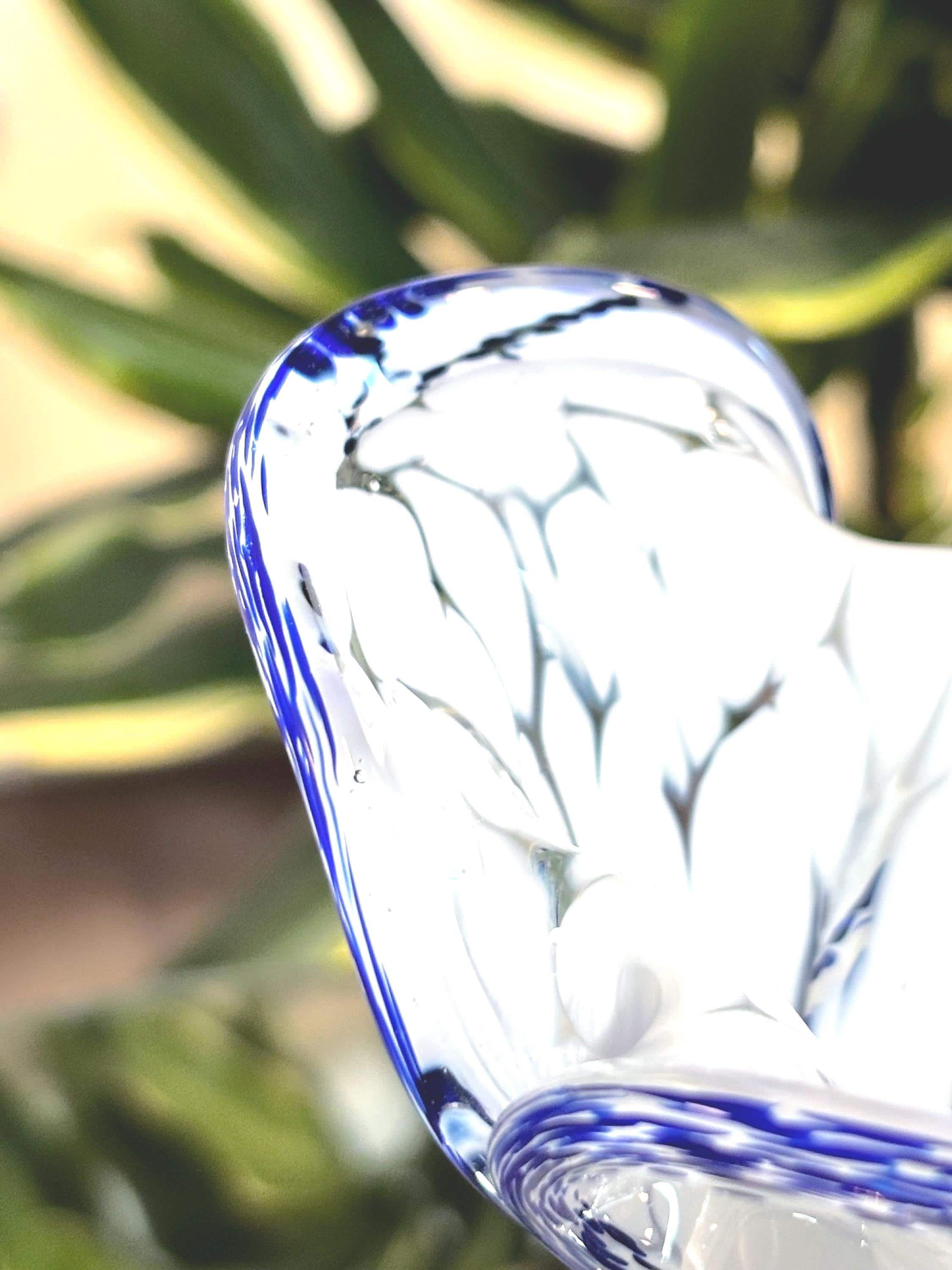 Murano Lattimo Art Glass Vase | Hand-Blown White Opaline Cobalt Blue Ruffle Rim