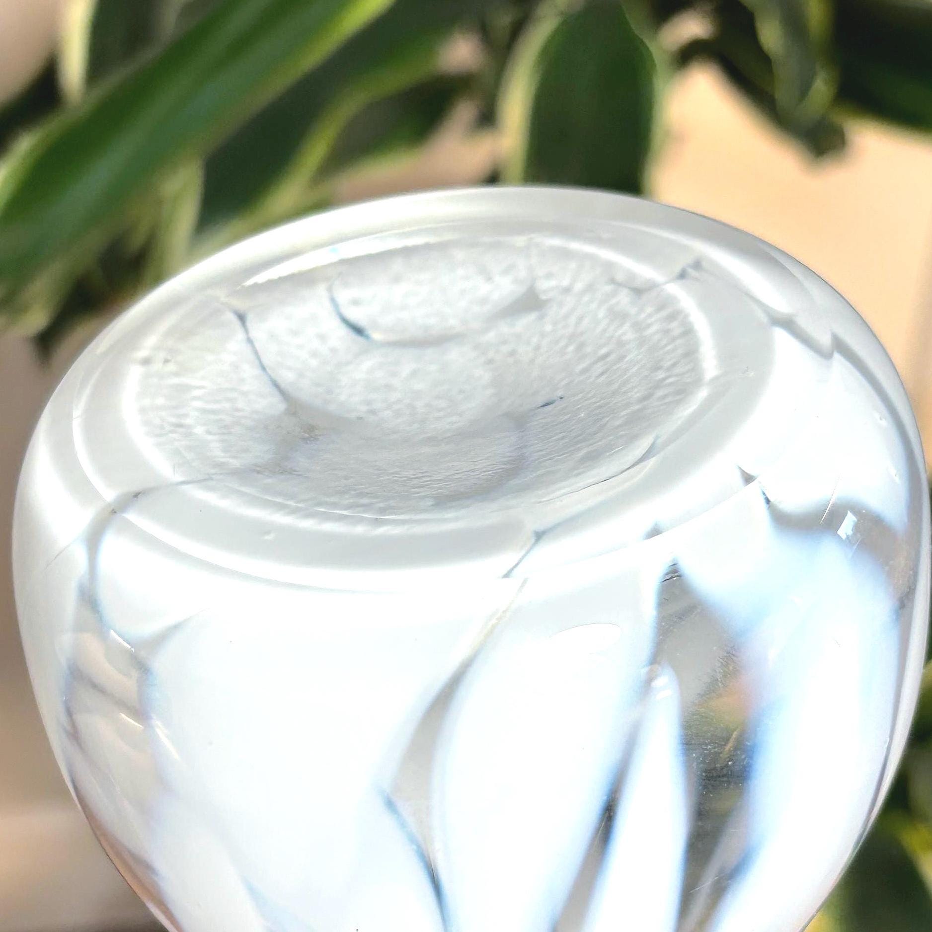 Murano Lattimo Art Glass Vase | Hand-Blown White Opaline Cobalt Blue Ruffle Rim