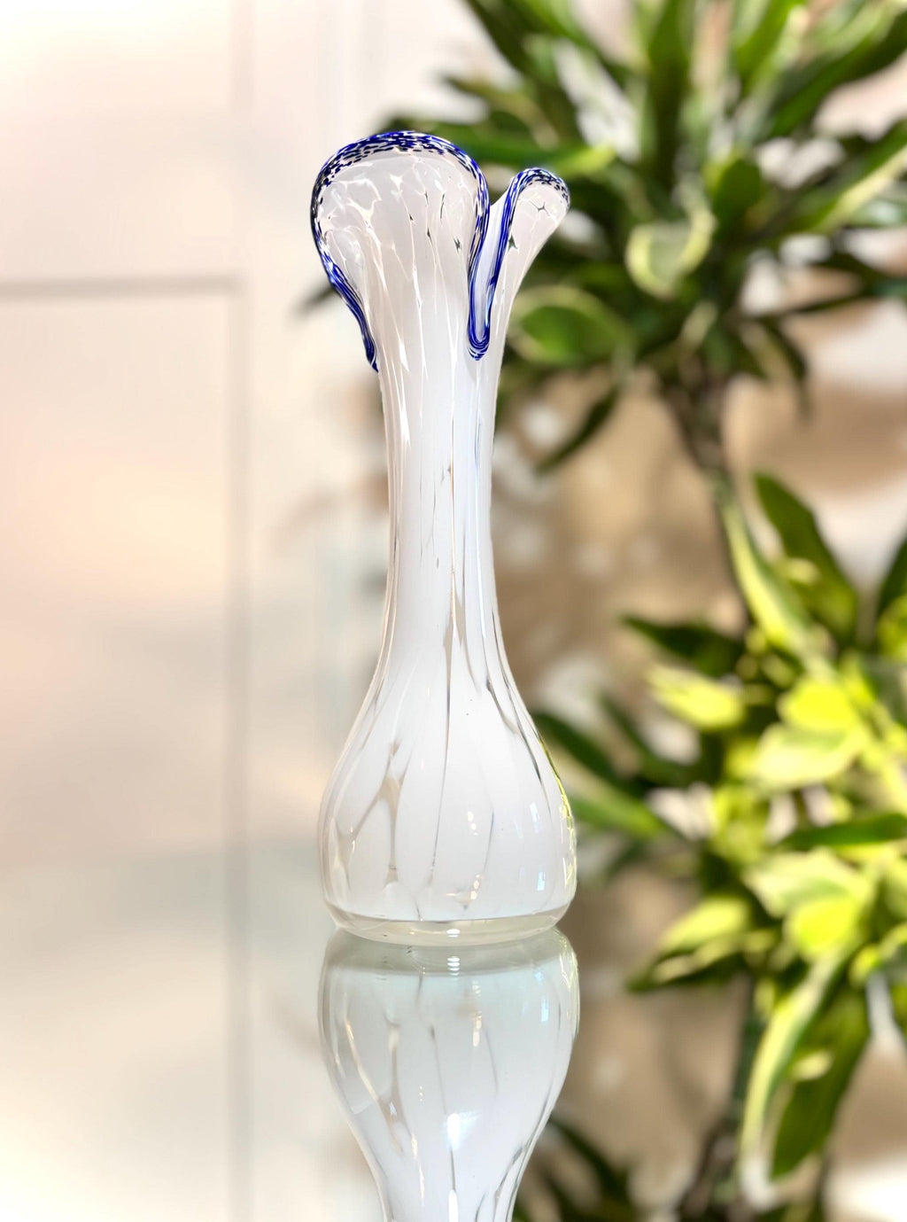 Murano Lattimo Art Glass Vase | Hand-Blown White Opaline Cobalt Blue Ruffle Rim