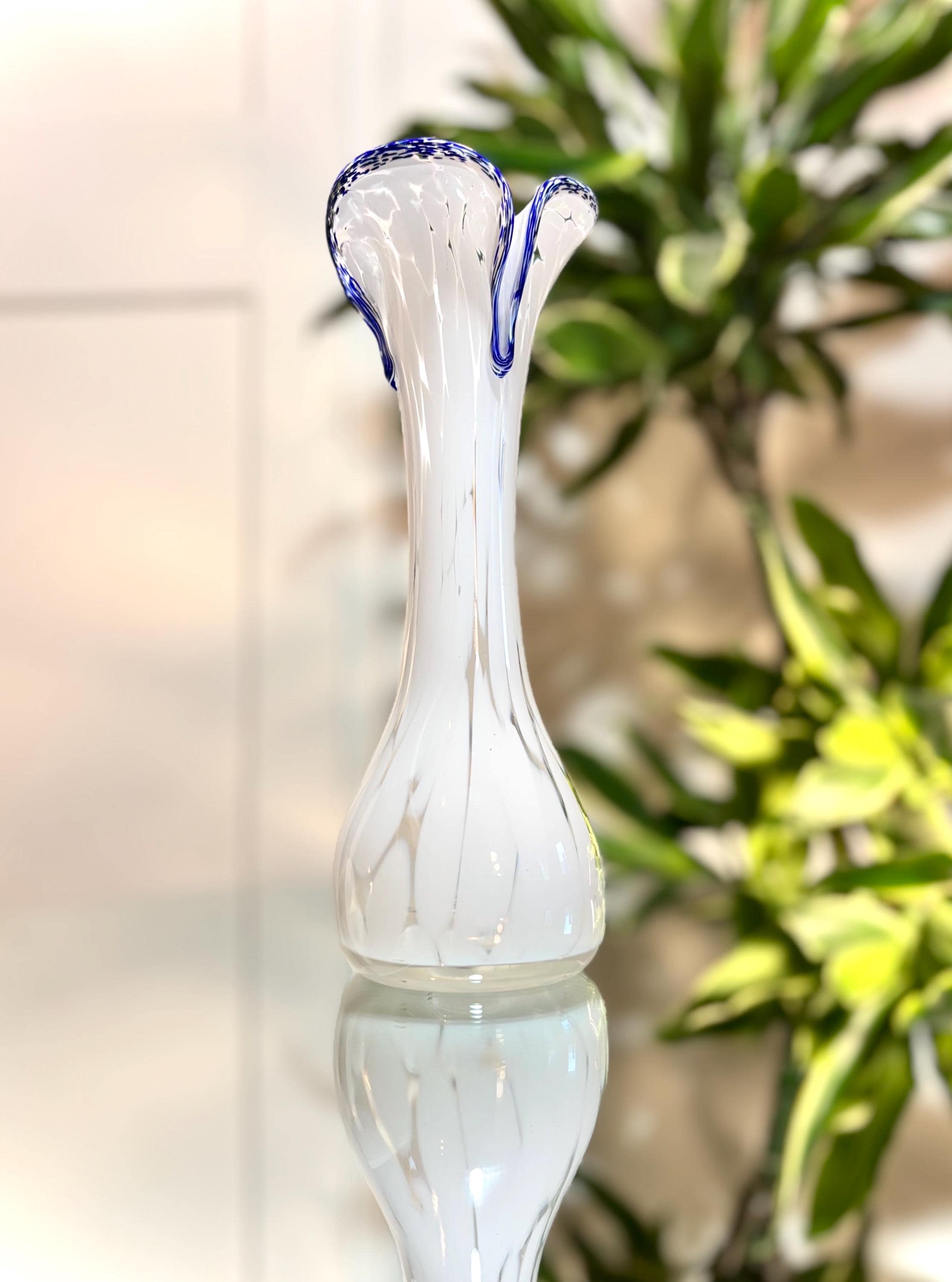 Murano Lattimo Art Glass Vase | Hand-Blown White Opaline Cobalt Blue Ruffle Rim